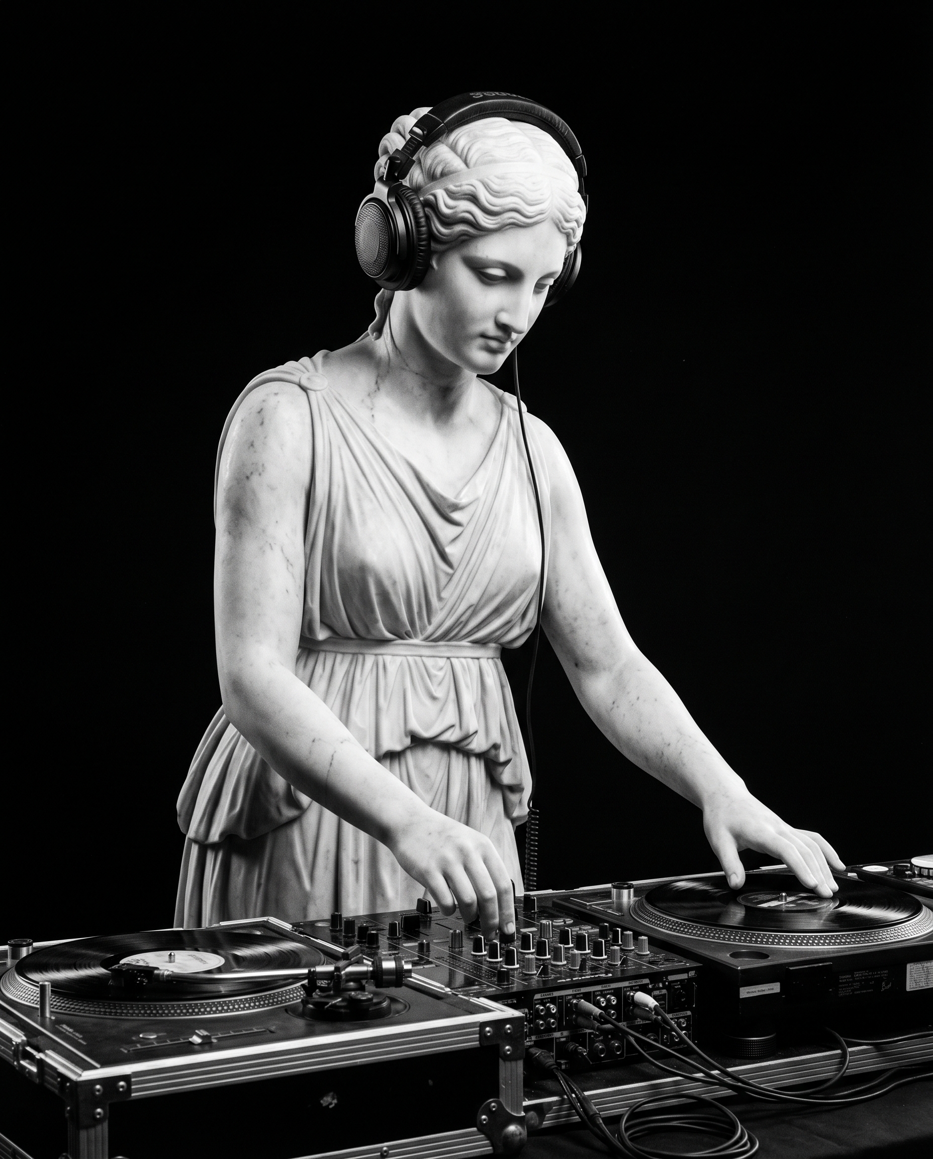 Marble statue DJing with headphones