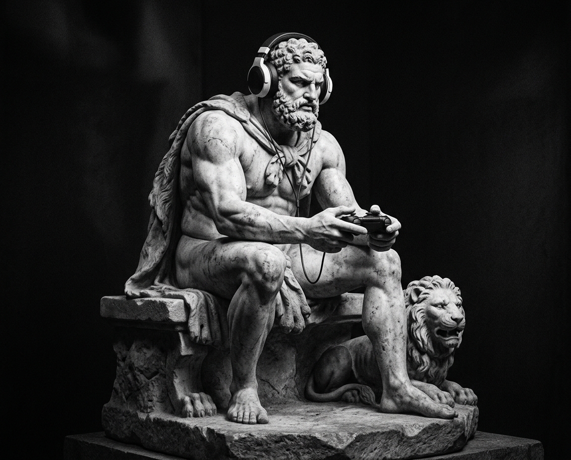 Hercules statue gaming with a controller