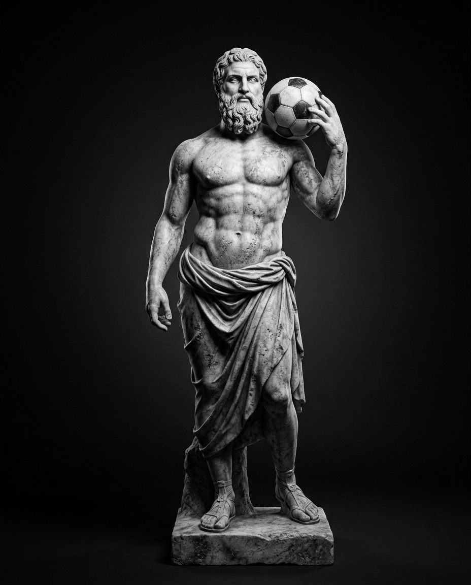 Classical statue holding a soccer ball