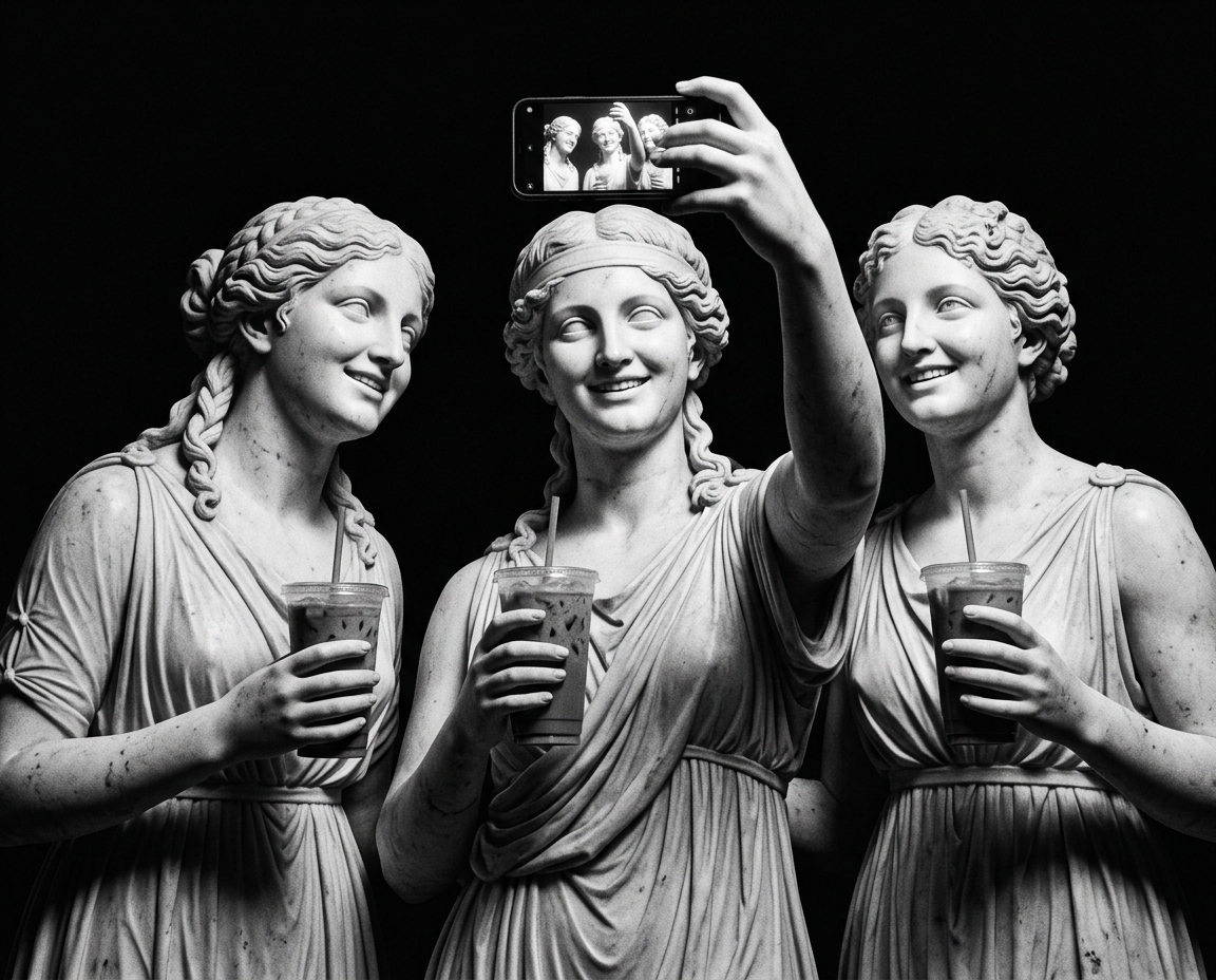 Marble statues taking a selfie with iced coffees